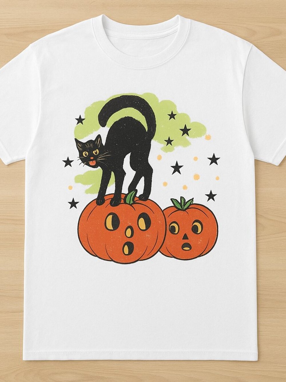Vintage Black Cat Pumpkins Halloween Graphic Tee White